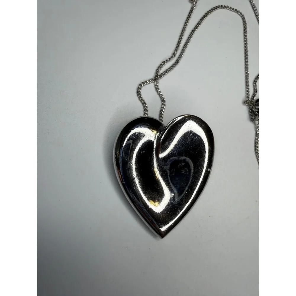 Trifari Silver Tone Puffed Heart Pendant Necklace Large Bold Romantic Statement